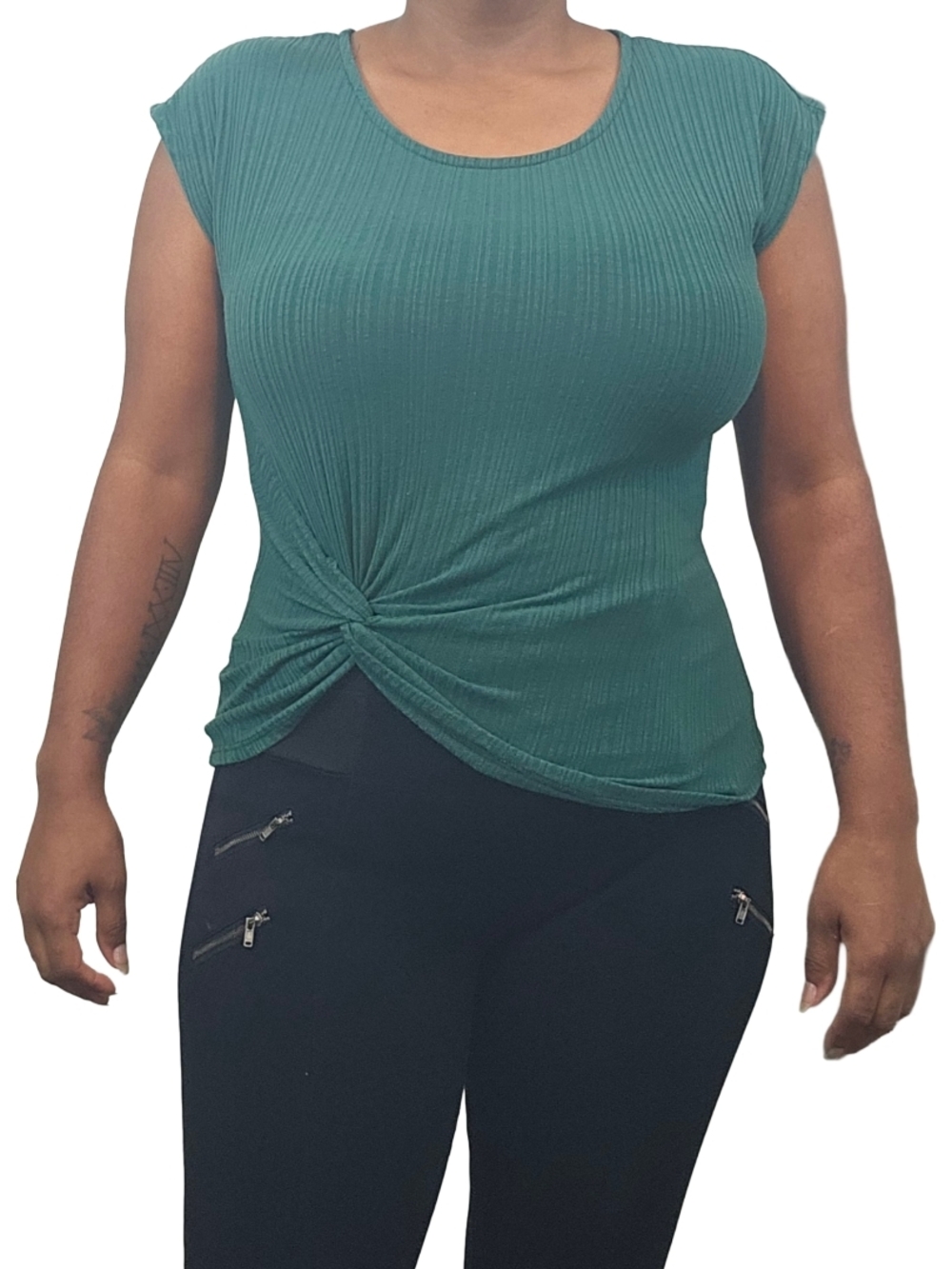 W5 Green Twist-Knot Short Sleeve Scoop Neck Top